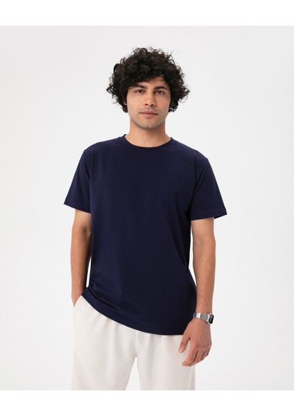 Erkek Lacivert Indigo Basic T-Shirt - Organik Pamuk, Kalın Bantlı Yaka, Rahat Kesim, Nefes Alan Günlük Tişört