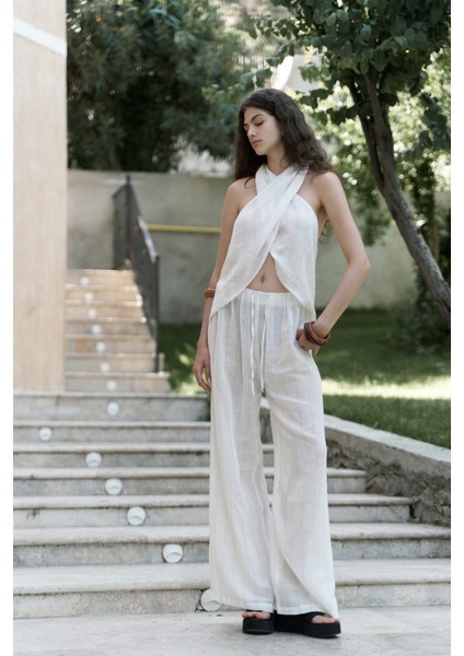 Cadhas Boyundan Bağlamalı Ekru Crop Pantolon Takım