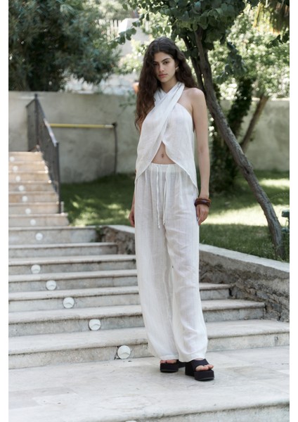 Cadhas Boyundan Bağlamalı Ekru Crop Pantolon Takım fiyatları