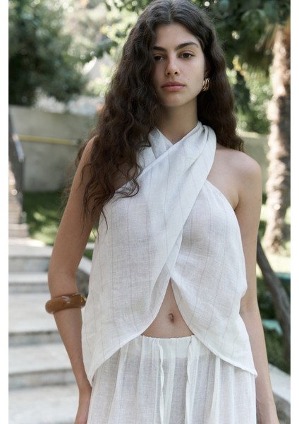 Cadhas Boyundan Bağlamalı Ekru Crop Pantolon Takım modelleri