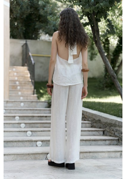 Cadhas Boyundan Bağlamalı Ekru Crop Pantolon Takım indirimleri