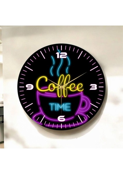Neon Renkli Coffee Time Yazılı Baskı Desenli Sayılı Hediyelik Ahşap Sessiz Duvar Saati 45CM