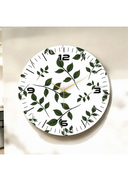 Beyaz Renkli Baskı Yaprak Desenli Sayılı Hediyelik Ahşap Sessiz Duvar Saati 45CM