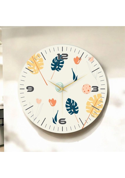 Beyaz Renkli Baskı Yaprak Desenli Sayılı Hediyelik Ahşap Sessiz Duvar Saati 45CM