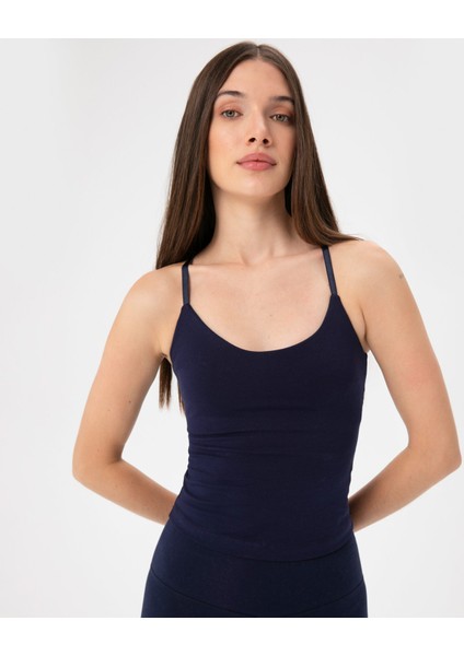 Kadın Lacivert Indigo Sütyenli Yoga Atlet - GOTS Organik Pamuk, İç Sütyenli, Ayarlanabilir Askılı, Yüzücü Sırtlı, Çıkarılabilir Pedli Spor Atlet