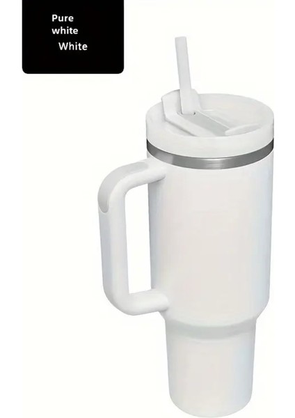 40OZ Paslanmaz Çelik Yalıtımlı Bardak Sap Samanlı Bpa Free Saf Beyaz Termos GR209858 1 Adet