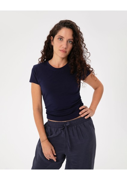 Lacivert Organik Pamuk Yandan Büzgülü Basic T-Shirt