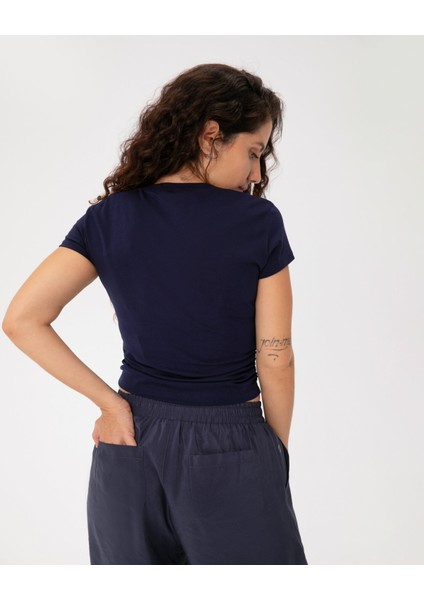 Lacivert Organik Pamuk Yandan Büzgülü Basic T-Shirt fiyatları