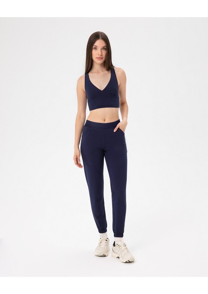 Kadın Lacivert Indigo Jogger Eşofman - Gots Sertifikalı Organik Pamuk, Yüksek Bel, Lastikli Paça, Ön Cepli, Şardonlu İç Yüzey, Spor ve Günlük Aktiviteler İçin Rahat Jogger Eşofman fırsatları