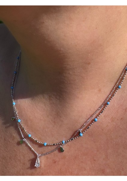 Çift Zincirli Mavi Boncuklu Taşlı Kolye