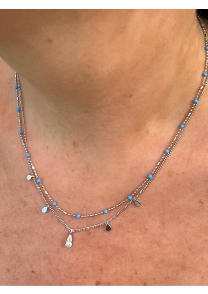 Çift Zincirli Mavi Boncuklu Taşlı Kolye fiyatları