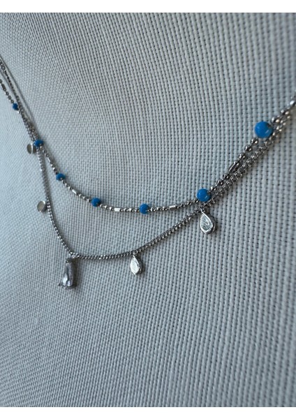 Çift Zincirli Mavi Boncuklu Taşlı Kolye fırsatları
