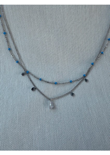 Çift Zincirli Mavi Boncuklu Taşlı Kolye indirimleri