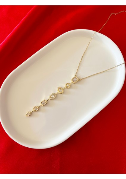 Zirkon Taşlı Gold Çelik Y Kolye