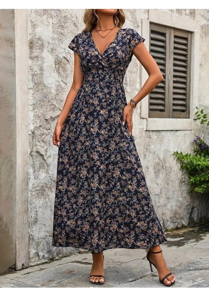 Kadın Kısa Kollu Kruvaze Yakalı Çiçek Desenli Belden Lastikli Süprem Uzun Elbise fiyatları