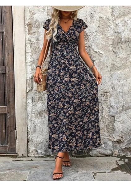 Kadın Kısa Kollu Kruvaze Yakalı Çiçek Desenli Belden Lastikli Süprem Uzun Elbise modelleri