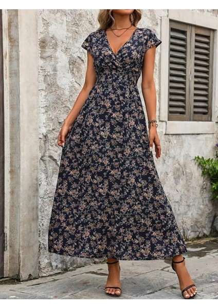 Kadın Kısa Kollu Kruvaze Yakalı Çiçek Desenli Belden Lastikli Süprem Uzun Elbise fırsatları