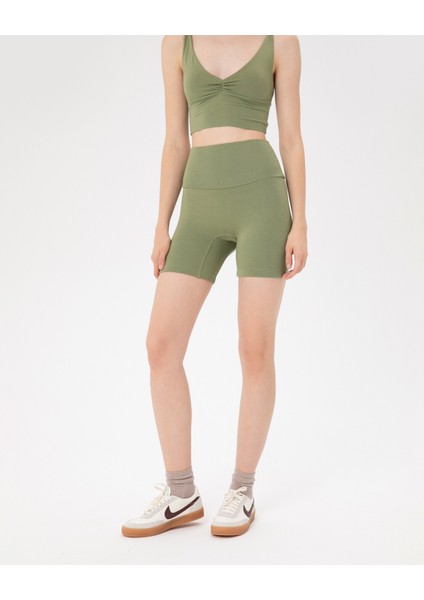 Kadın Açık Yeşil Viskoz Şort - EcoVero Viskoz Yüksek Bel, Önü Dikişsiz, Çift Kat Kumaş, Yoga Pilates Biker Şort indirimleri