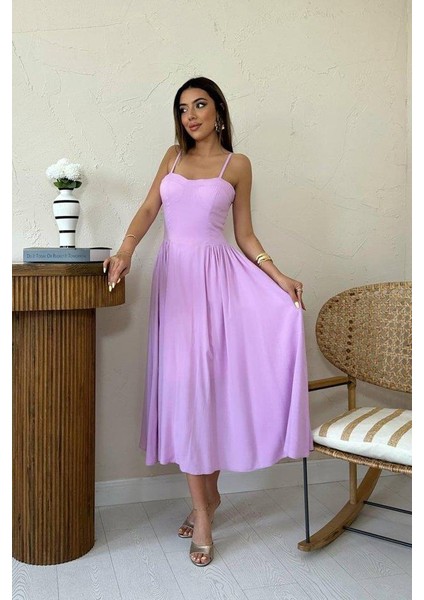 Lila Göğüs Kuplu Uzun Büzgülü Elbise fiyatları