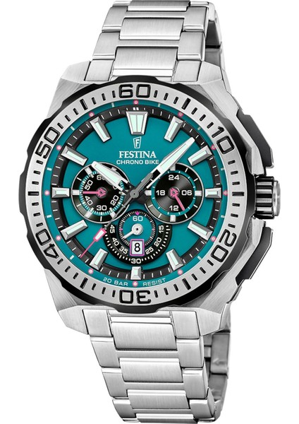 F20724/6 Chrono Bike Quartz Çelik Gri Yeşil Kadran 20 Atm 46 mm Erkek Kol Saati