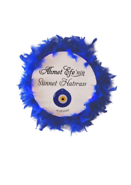 Sünnet Kınası Hatıra Tefi - Kişiye Özel, Nazar Boncuklu, Deri Tef (32 cm Büyük Boy - Mavi Tüylü)