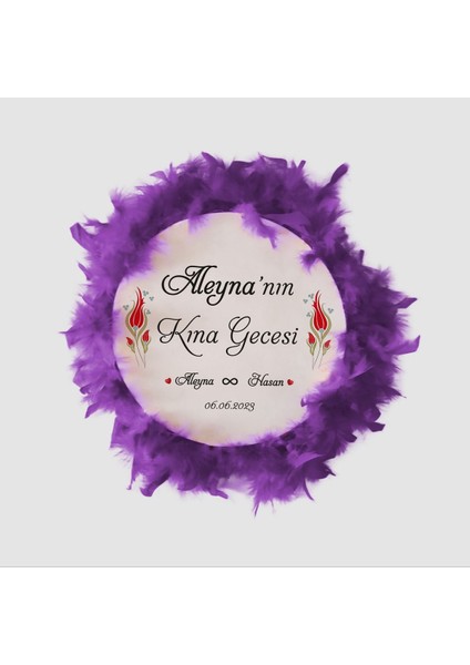 Isim Baskılı, Deri Tef, Kına Tefi (32 cm Büyük Boy-Mor Tüylü)
