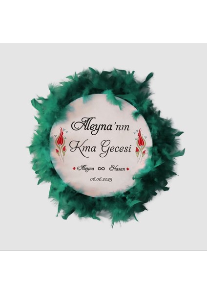 Kişiye Özel, Deri Tef, Kına Tefi (32 cm Büyük Boy-Yeşil Tüylü)