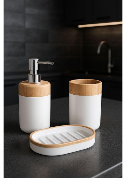 3’lü Beyaz Renk Banyo Seti Sabunluk Diş Fırçalık ve Sıvı Sabunluk – Ahşap Kapaklı Modern Tasarım