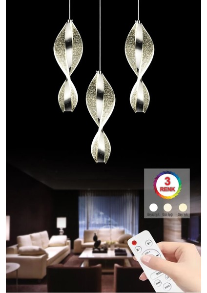 Istanbul Avize Mars 3'lü Gümüş Kumandalı LED 3 Renk Modern Ledli Avize