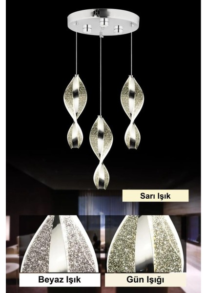 Istanbul Avize Mars 3'lü Gümüş Kumandalı LED 3 Renk Modern Ledli Avize