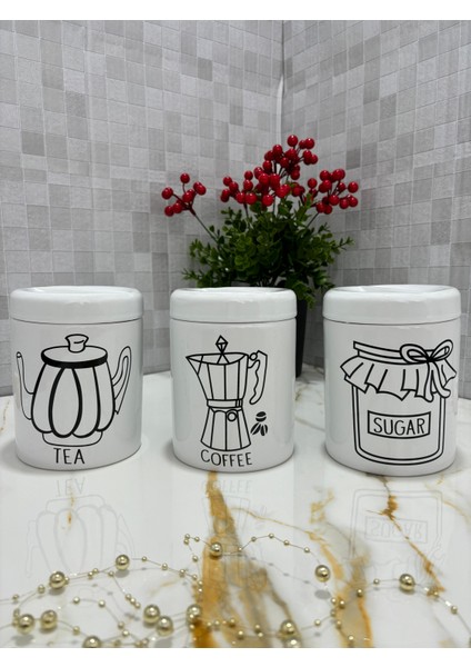 Krd Home Porselen 3'lü Çay, Şeker, Kahve Kavanoz Seti