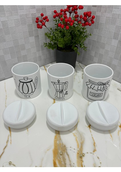 Krd Home Porselen 3'lü Çay, Şeker, Kahve Kavanoz Seti