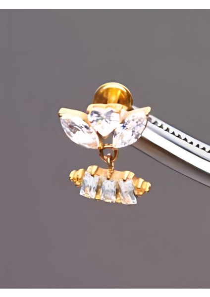 Titanyum Kalp Badem Dikdörtgen Zirkon Altın Titanyum 6x1.2mm Labret Piercing
