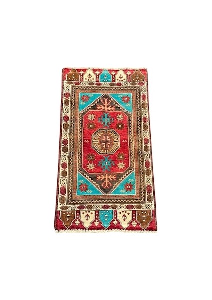 El Dokuma Vintage Küçük Halı 52X96 Renkli Yün Kök Boya Halı