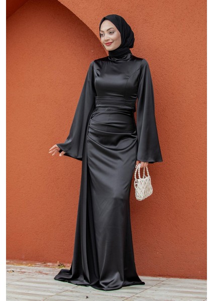 Asil Yan Kuyruk Saten Abiye-Siyah