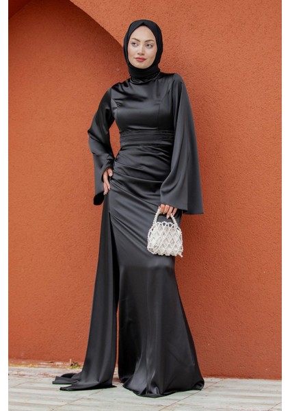 Asil Yan Kuyruk Saten Abiye-Siyah fırsatları