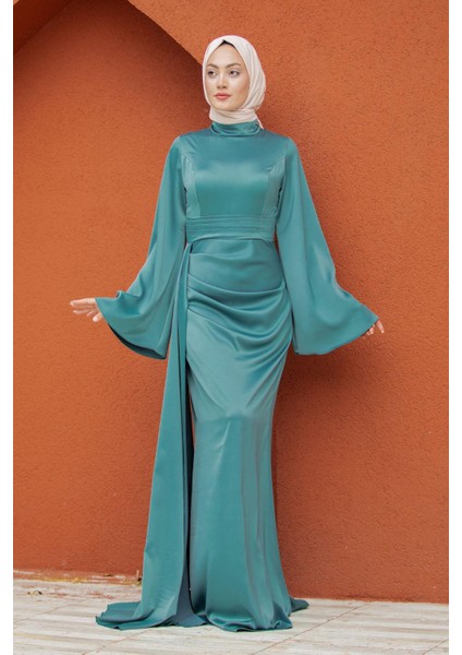 Asil Yan Kuyruk Saten Abiye-Mint