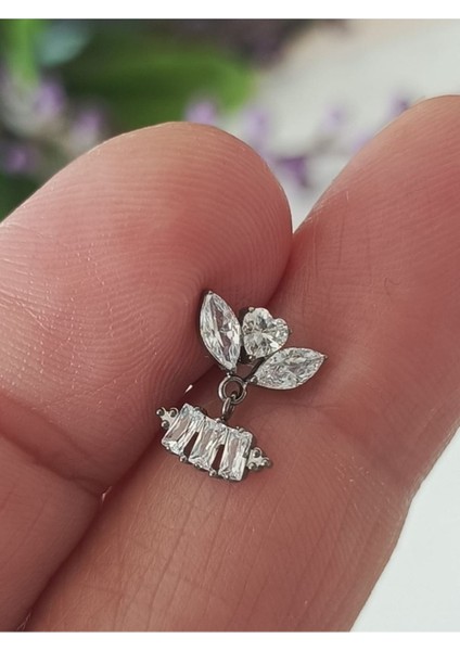 Kalp Badem Dikdörtgen Taşlı Titanyum 6x1.2mm Labret Delici