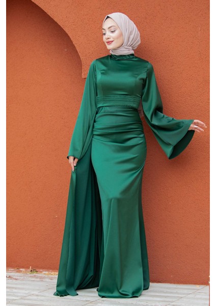 Asil Yan Kuyruk Saten Abiye-Zümrüt