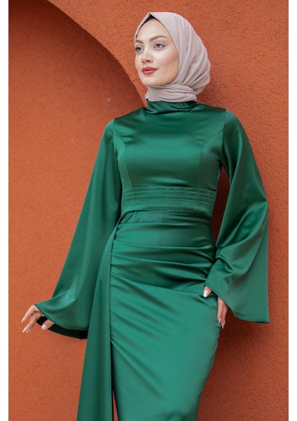 Asil Yan Kuyruk Saten Abiye-Zümrüt fiyatları