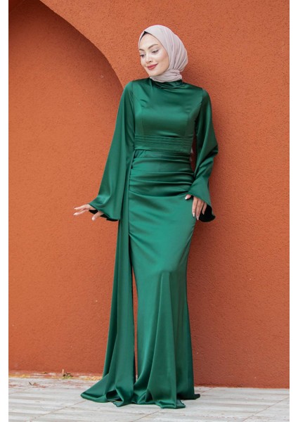 Asil Yan Kuyruk Saten Abiye-Zümrüt fırsatları