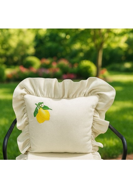 Yıkanmış Keten Limon Nakıslı Fırfırlı Kırlent Kılıfı