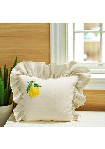 Yıkanmış Keten Limon Nakıslı Fırfırlı Kırlent Kılıfı fiyatları