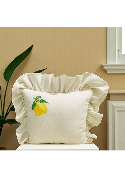 Yıkanmış Keten Limon Nakıslı Fırfırlı Kırlent Kılıfı modelleri