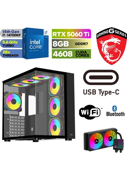 Gaming Pc Ddr5 – Rtx 5060Tİ 8 GB – Intel I7 14700KF – 32 GB - 64GB - Ddr5 Ram – 1tb M.2 SSD – Windows 11 Pro - Sıvı Sogutmalı -