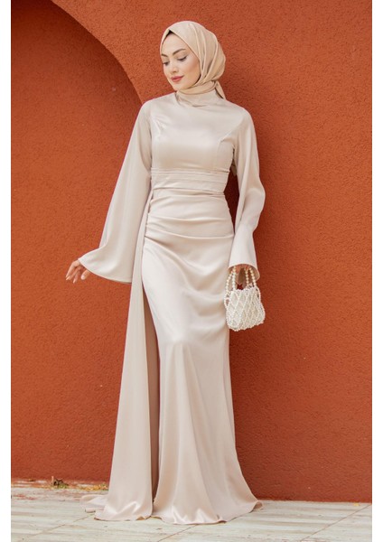 Asil Yan Kuyruk Saten Abiye-Bej