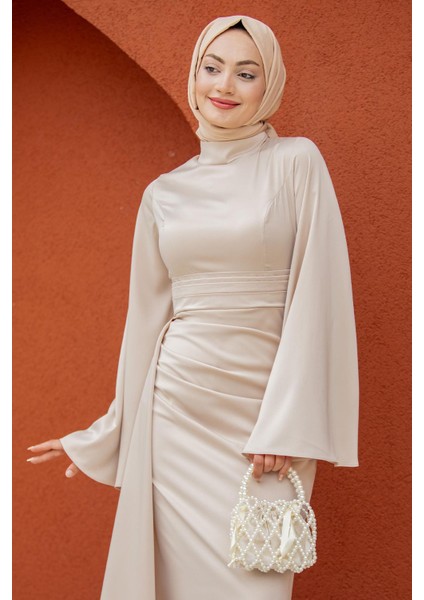 Asil Yan Kuyruk Saten Abiye-Bej fiyatları