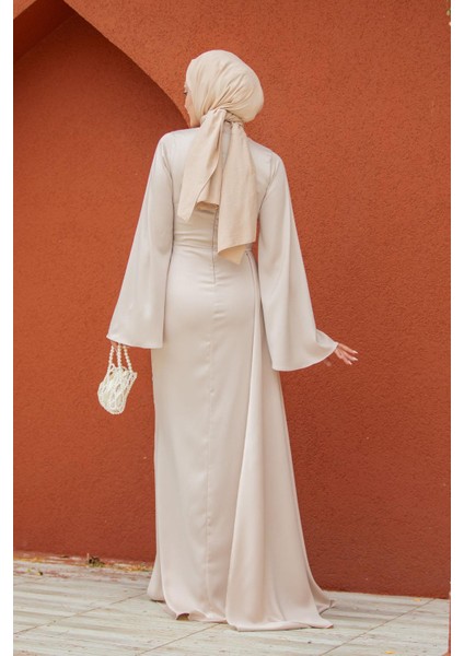 Asil Yan Kuyruk Saten Abiye-Bej modelleri