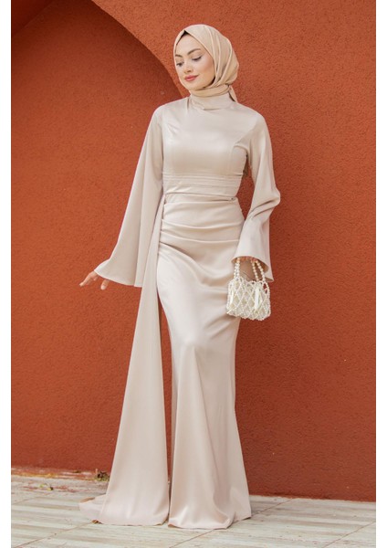 Asil Yan Kuyruk Saten Abiye-Bej fırsatları