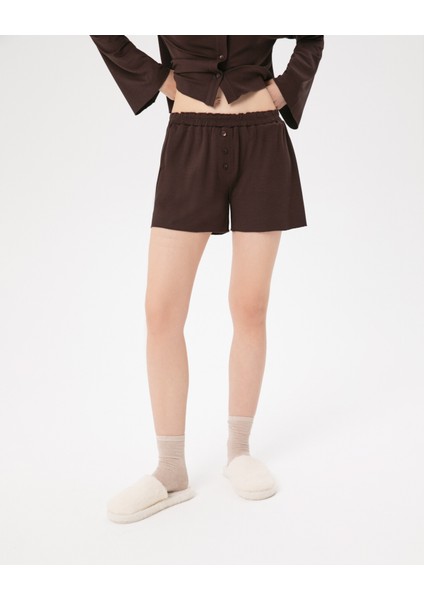 Kadın Kahverengi Büzgülü Pijama Boxer - EcoVero™ Viskoz, Mini Boy, Büzgülü Bel, Ön Düğmeli, Evde Rahat ve Esnek Pijama Boxer